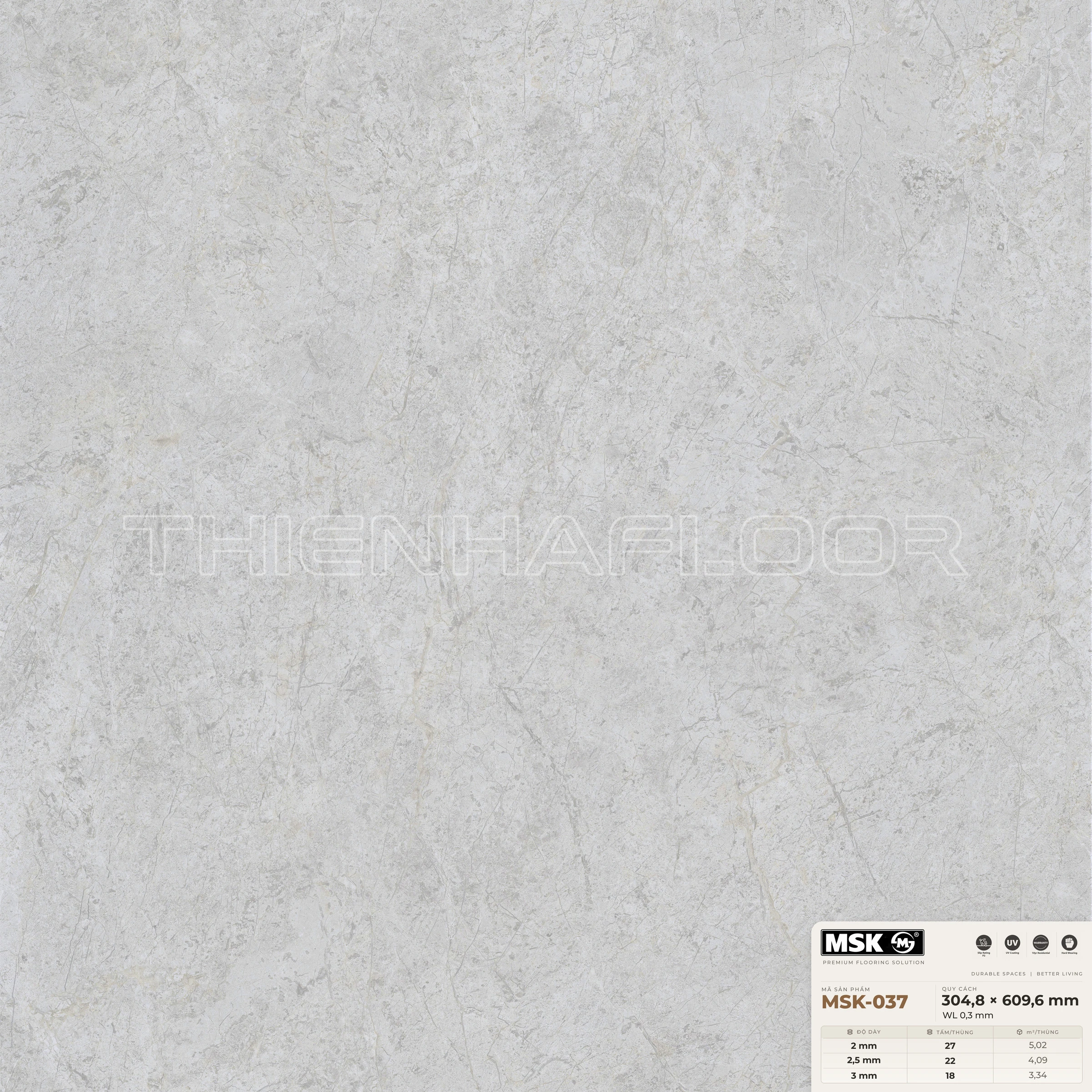 Sàn nhựa Galaxy MSK-037 giả đá tông sáng — cận cảnh bề mặt một tấm, khổ 304,8×609,6mm