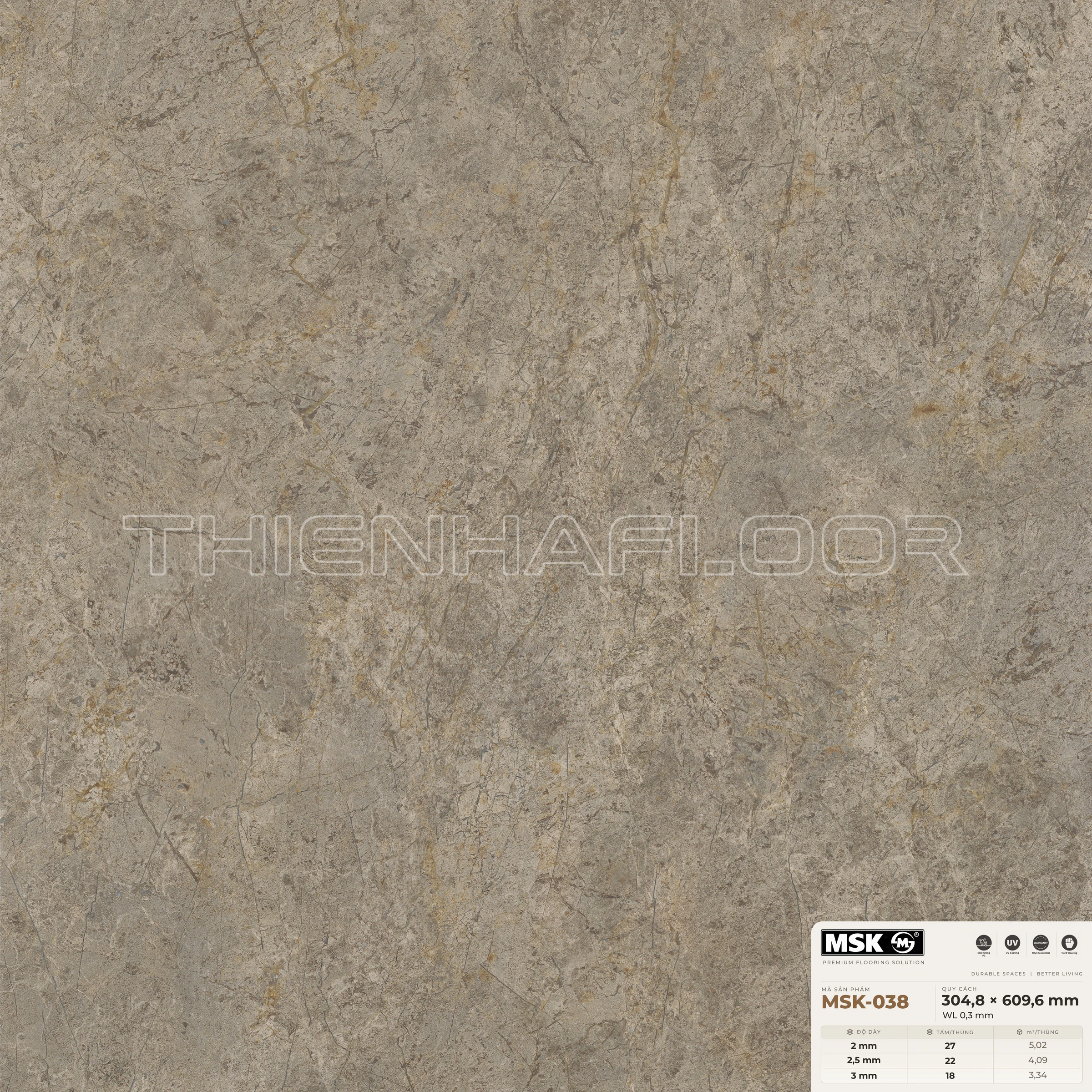 Sàn nhựa Galaxy MSK-038 giả đá tông trung tính ấm — cận cảnh bề mặt một tấm, khổ 304,8×609,6mm