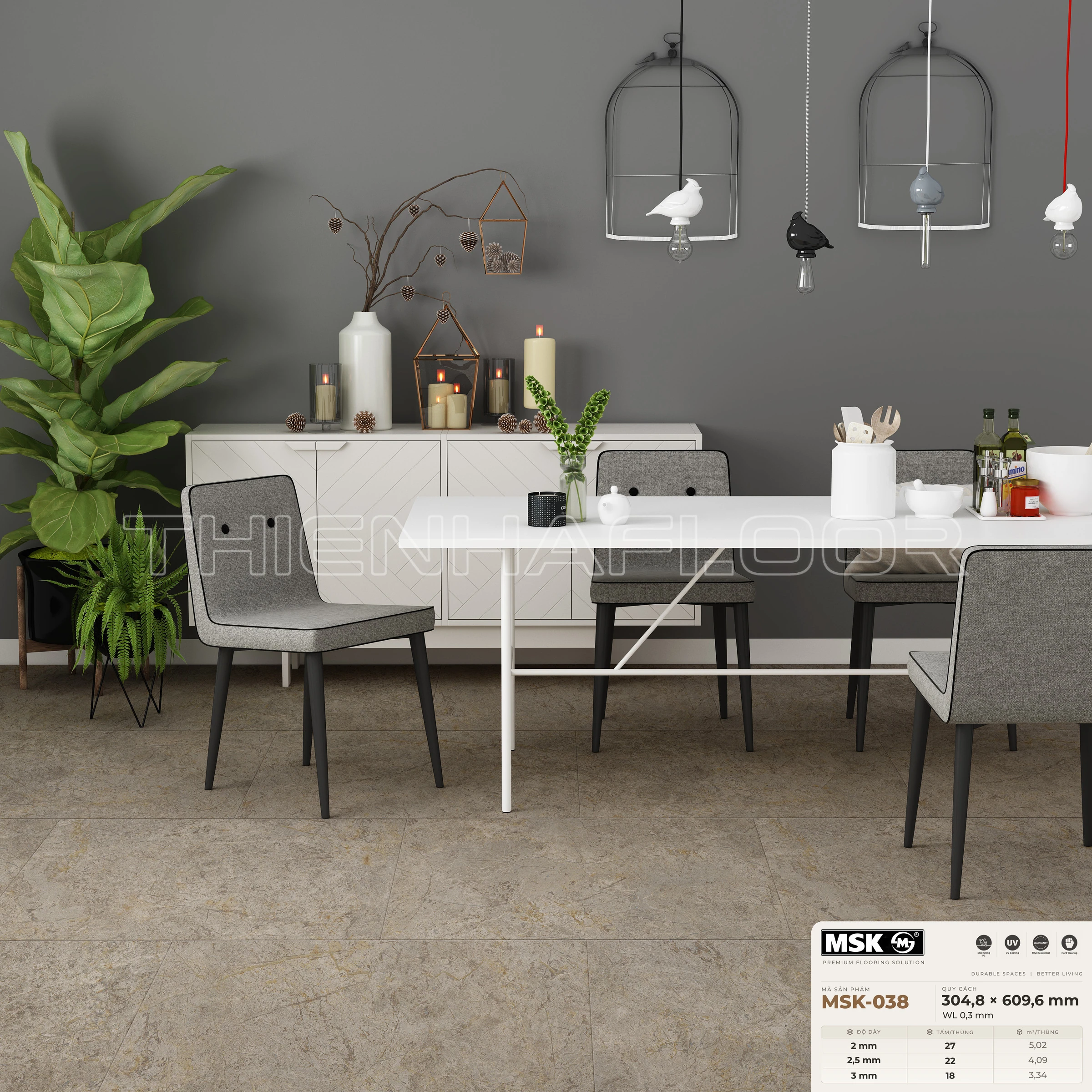 Sàn nhựa Galaxy MSK-038 giả đá tông trung tính ấm — phối cảnh thực tế trong phòng