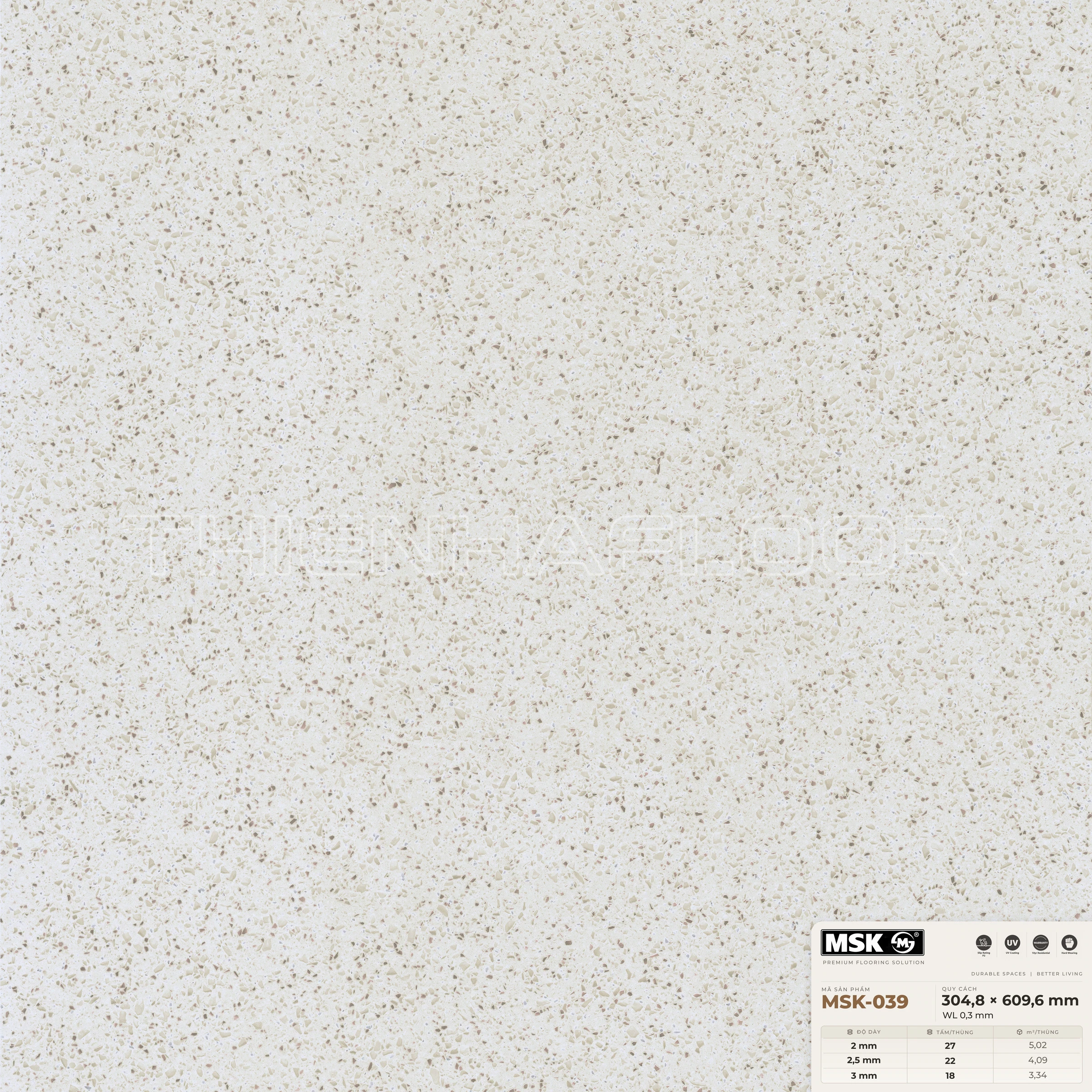 Sàn nhựa Galaxy MSK-039 giả đá tông sáng — cận cảnh bề mặt một tấm, khổ 304,8×609,6mm