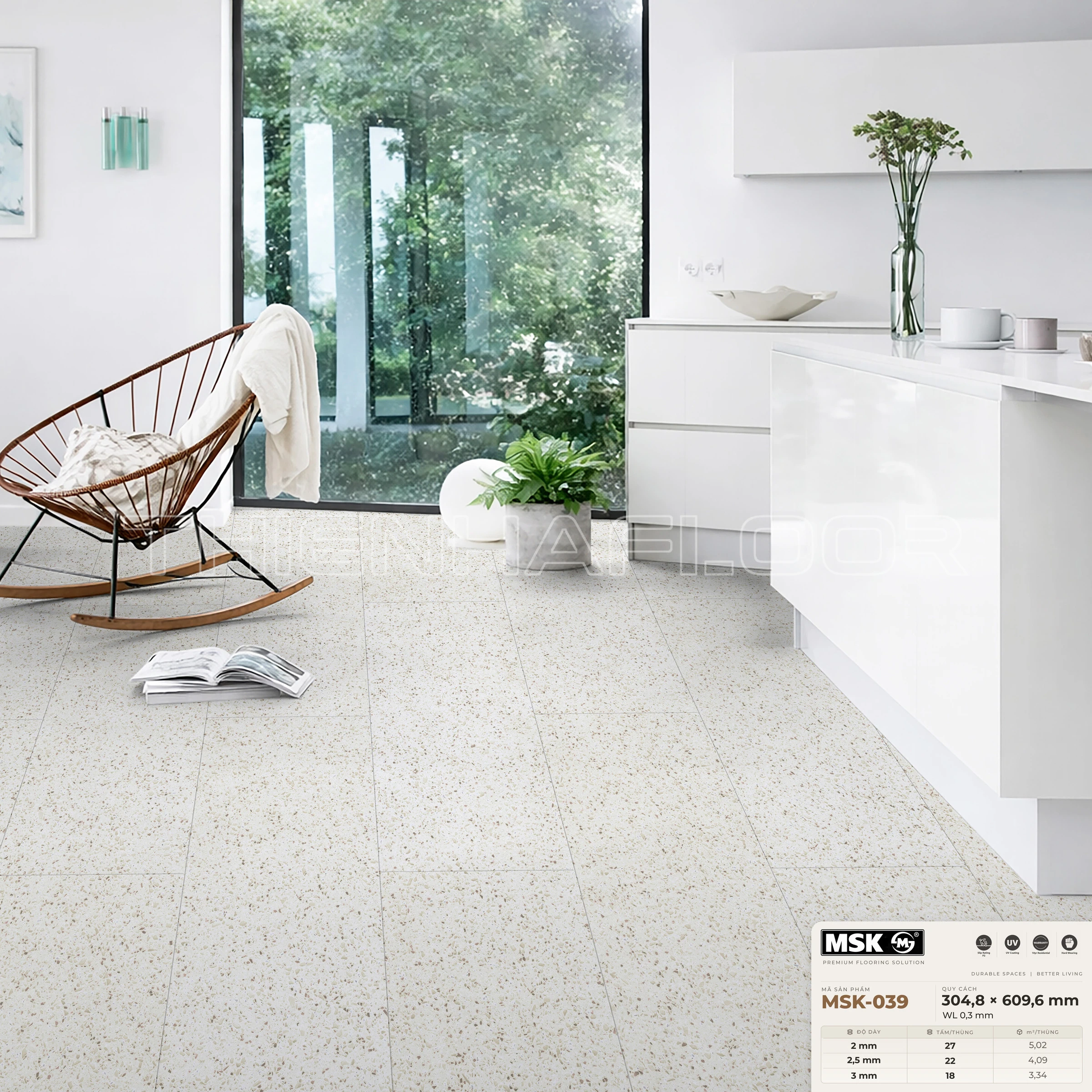 Sàn nhựa Galaxy MSK-039 giả đá tông sáng — phối cảnh thực tế trong phòng