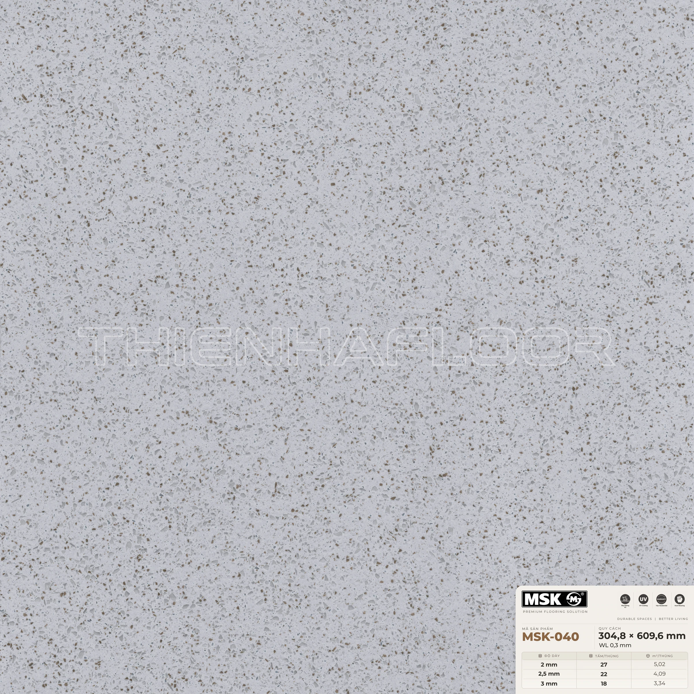 Sàn nhựa Galaxy MSK-040 giả đá tông sáng — cận cảnh bề mặt một tấm, khổ 304,8×609,6mm