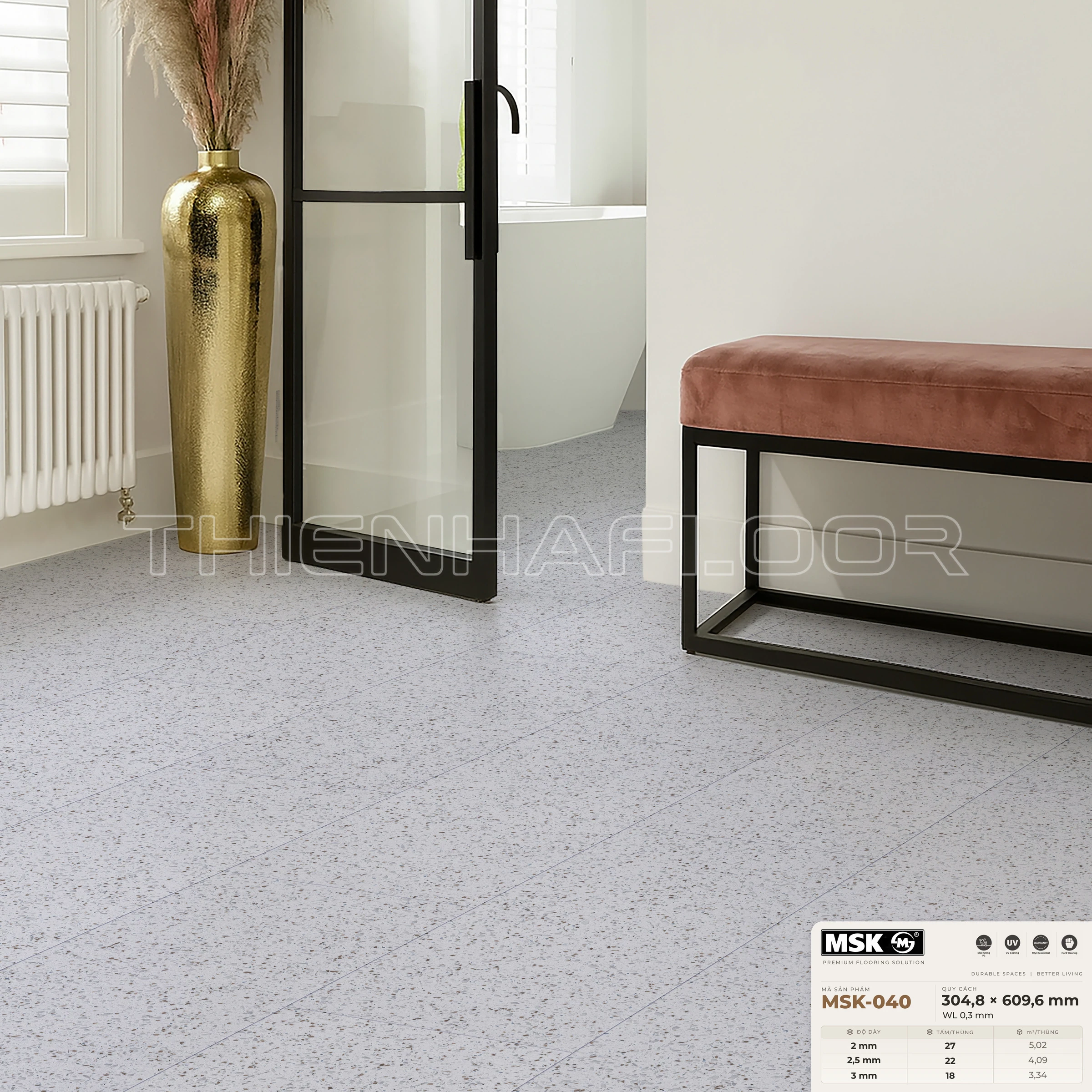 Sàn nhựa Galaxy MSK-040 giả đá tông sáng — phối cảnh thực tế trong phòng