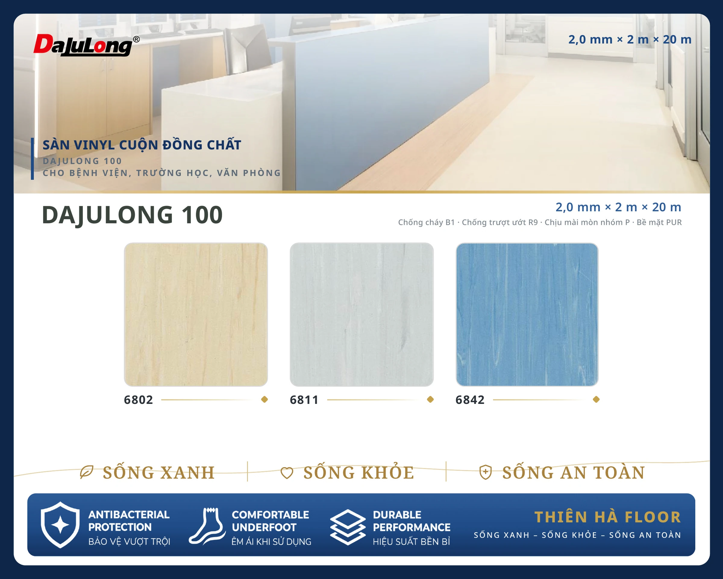 Sàn vinyl cuộn kháng khuẩn Dajulong 100